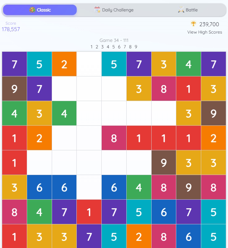 Number Connect classic game board