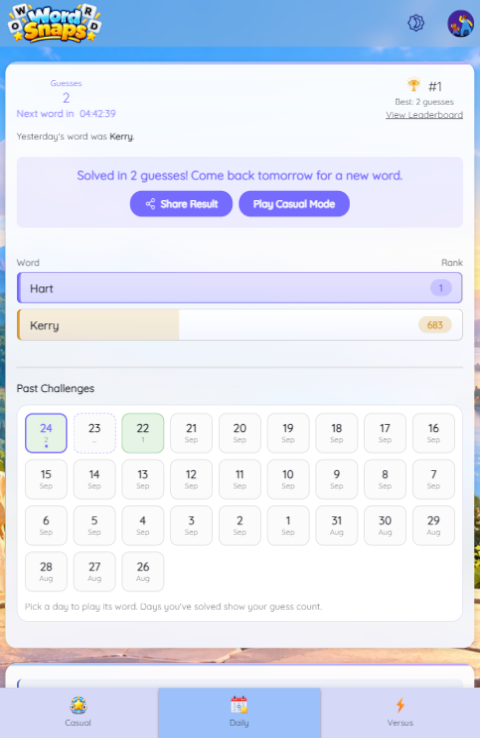 Word Snaps Daily on a phone, showing the Casual, Daily and Versus tabs above the ranked guess list.