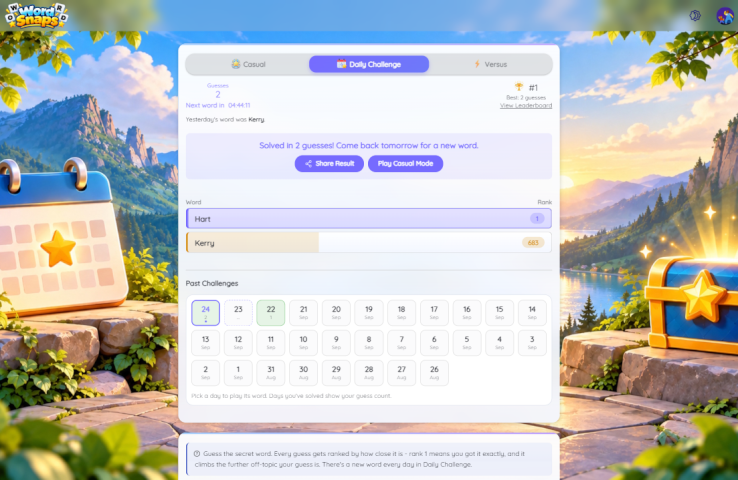 Word Snaps Daily on a desktop browser, showing a casual game with guesses ranked from 1013 down the list.